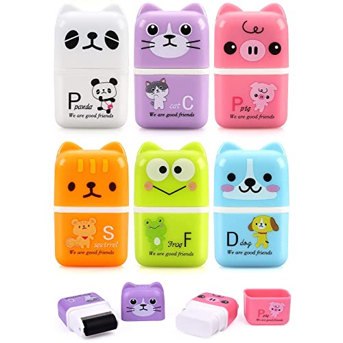 SAYEEC Cute Pencil Erasers, Cartoon Animal Themed Erasers with Cover and Roller, Removal Pencil Eraser Shaving Roller Case Eraser for Kids School Office Stationery Supply Party Gift (6 Pack)