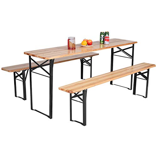 HOMGX 3-Piece Picnic Table, 70’’ Folding Picnic Table with Benches, Outdoor Portable Wooden Picnic Table, Picnic Beer Table Set with Stable Metal Frame, Camping Picnic Table for Garden, Patio