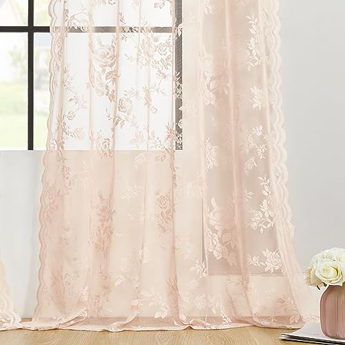 Sheer Lace Curtains 96 Inches Long 2 Panels Vintage Floral Curtains for Living Room Bedroom Girls Room Rod Pocket Light Filtering Shabby Chic Victorian Drapes French Window Decor, 52x96 Blush Pink by SEEKRIGHT - Used condition - Image 6