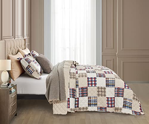 Chixin Plaid Quilt Queen Size - Classic Tartan Plaid Pattern - Lightweight Bedspread Coverlet Set, Country Patchwork Bedding Cover For All Season, 3 Piece, Beige #TOP3