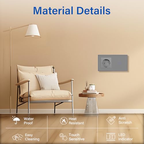 BSEED Steckdose mit Lichtschalter,Glas Touch Lichtschalter Unterputz Schalter,Schuko Steckdose mit 1 Fach 1 Wege Wandschalter Grau(Nicht Smart Schalter)