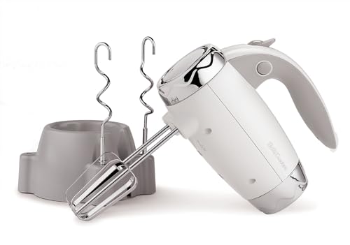 BETTY CROCKER Hand Blender 7 Speed, 250 Watt Electric Mixer with Beaters and Dough Hooks, Ergonomic Electric Hand Mixer for Home & Kitchen with Stand and Soft Touch Handle, White