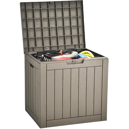 YITAHOME 31 Gallon Outdoor Storage Deck Box, Waterproof Resin Package Delivery and Storage Box with Lockable Lid for Patio Furniture Cushions, Pool Accessories, Garden Tools, Taupe by YITAHOME - Used condition - CA$53.13