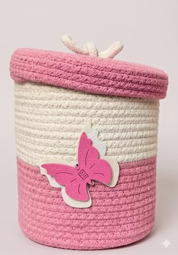 Image of Jute Basket For Storage Cotton Rope Toys Basket With Lid Handwoven Natural Foldable Laundry Hamper for Home, Office, Living Room Size 10x10 inch (pink butterfly)