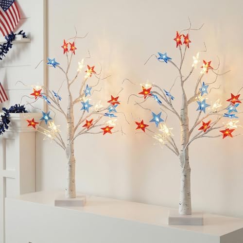 4th of July Tree Decoration 2Pack Lighted Tree, Battery Operated Patriotic Decorations with 24 LED Red Blue Star Lights, Artificial Tabletop Tree for Independence Memorial Veterans Day Home Decor
