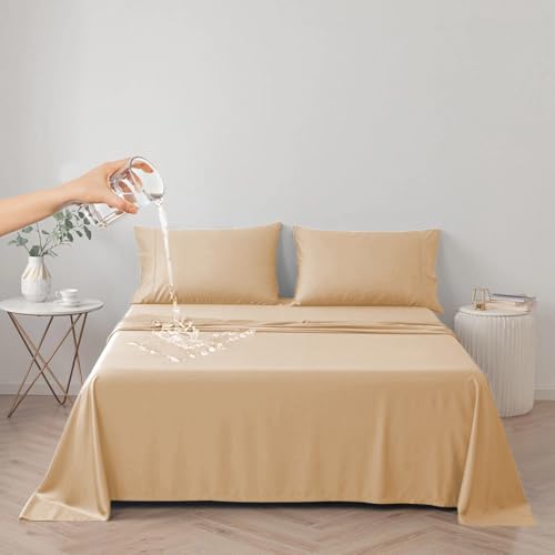 DUJUIKE Waterproof Bed Cover for Dog and Cats,Pet Hair Resistant Bed Sheet Cover, Protective Bed Liner Cover with 100% Waterproof Breathable Thin Fabric (Apricot Yellow, Super King 90 * 118 inch)