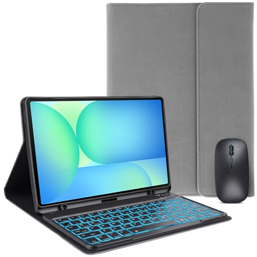 ROKEYBOR for Galaxy Tab S10 FE Case with Keyboard & Galaxy Tab S10 Lite 10.9inch,Mouse and 7 Color Rainbow Backlight Magnetic Keyboard,Folio Cover with Pencil Holder for Galaxy S9 FE/S9/S8,Gray