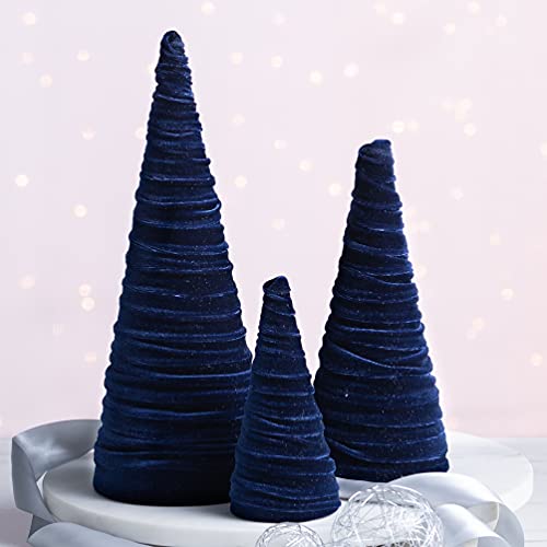 Image of Navy Velvet Trees Set of 3, Elegant Mantel Decor, Handcrafted Holiday Entryway, Minimalist Gift for, Valentine Tabletop, Winter Decor (Navy)