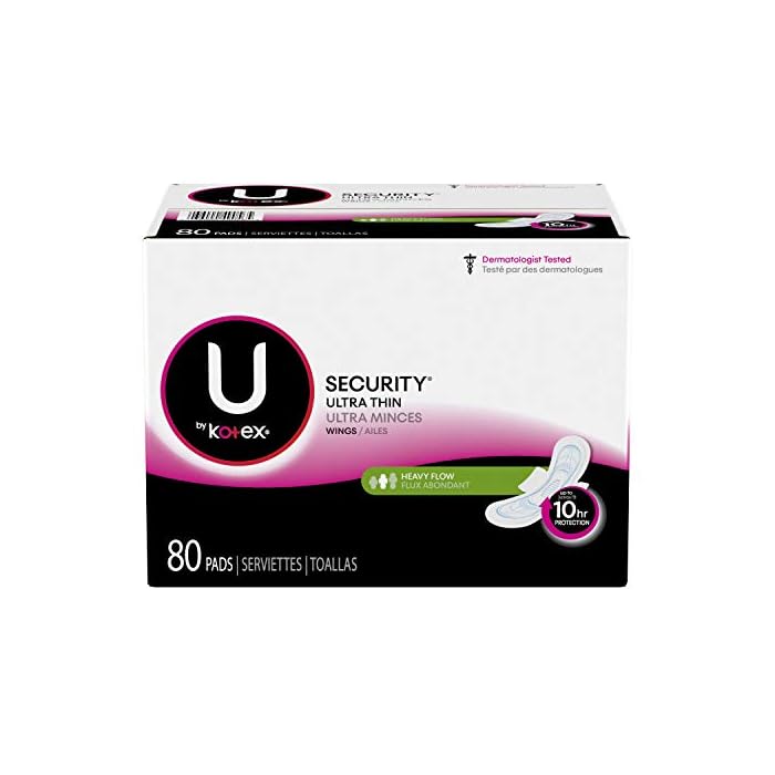 U by Kotex Security Ultra Thin Feminine Pads with Wings, Heavy Flow, Long, Unscented, 80 Count, White (10036000490562)