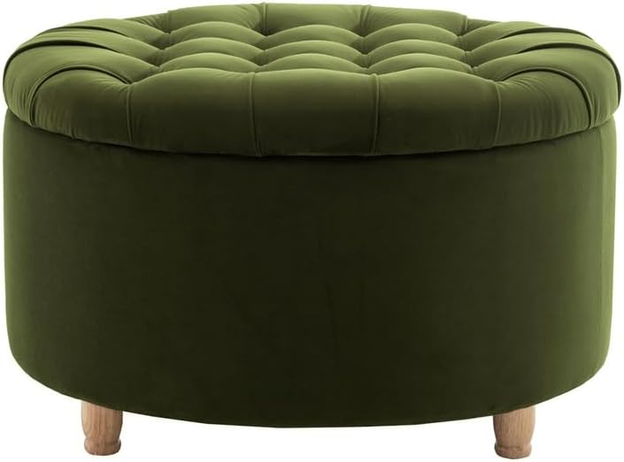 Niche Knight 28-Inch Large Round Pintucked Storage Ottoman with Lift-Off Lid, Tufted Upholstered Accent Footrest for Living Room, Bedroom, Entryway, Hidden Storage – Emerald Green