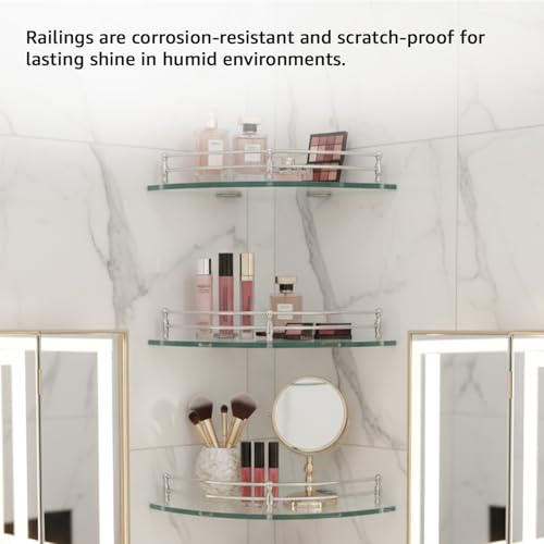 Image of Amazon Basics Glass Bathroom Corner Shelf with Stainless Steel Railings | Pack of 3 | Transparent | 9x9 Inch | Rust-Resistant Space-Saving Storage | 23D x 23W x 6H cm