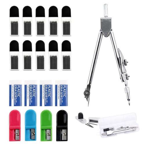 RobLuX 200 Piezas Minas De Recambio Para Compás Minas Para Compás De 2 mm Con 4 Unidades De Sacapuntas Universal 4 Goma De Borrar 1 Brújula Para Crear Dibujos Matemáticos