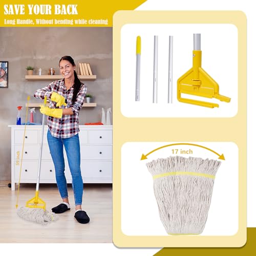 Image of Heavy Duty Commercial Industrial Mop, Loop-End String Wet Mop with Extra Replacement Heads, 59 Inch Long Handle for Floor Cleaning - Home, Garage, Warehouse, Office