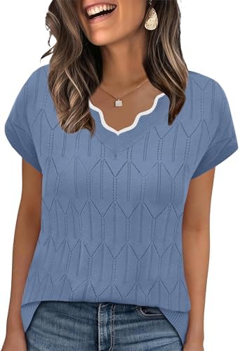WIHOLL Spring Tops for Women Summer Clothes Women Sweater Cap Sleeve Tops Business Casual Outfits Beach Vacation Clothes Loose Fit Tshirts Shirts Work Tops Hawaiian Shirts M Blue