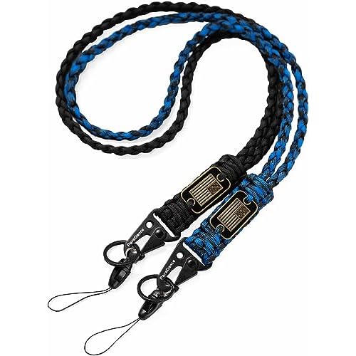 Heavy Duty Key Lanyard w/Cool USA Flag for Keys Mens, Durable Braided Paracord Lanyard for ID Badges Whistle Camera, Rope Keychain Necklace Strap Camping Hiking Fishing Cycling, Black&Blue 2