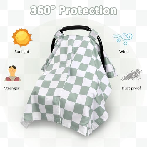 Image of DILIMI Baby Car Seat Cover, Minky Warm Winter Car Seat Covers for Babies, Peekaboo Opening Infant Car Seat Cover, Nursing Cover Carseat Canopy, Green Checkered