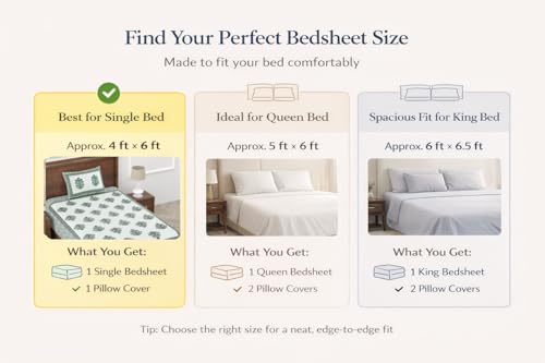 Image of elanorhomes 240 TC Pure 100% Cotton Single Bedsheet (60x90 Inches) with 1 Pillow Cover | Ultra-Soft, Breathable & Skin-Friendly | Lightweight & Durable, Green Fulwari Print