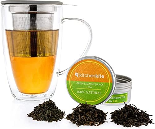Glass Tea Cup with infuser and Lid - Gift Set - 450ml Glass tea infuser - Double Wall Tea Infuser Cup - Best Tea Infuser Mug for Loose Leaf Tea with Stainless Steel Infuser - Comes with Tea Sampler