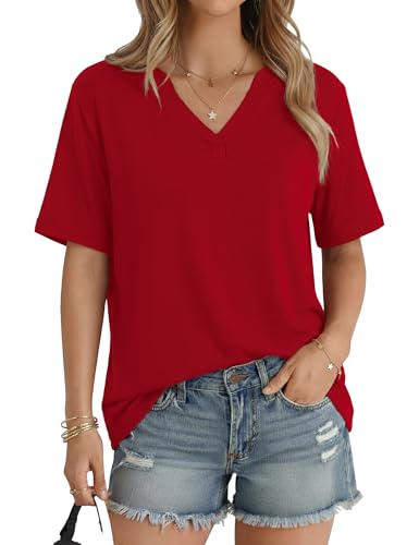 Image of Aottori V Neck Tops Womens Loose Short Sleeve T Shirts Stretch Red XL