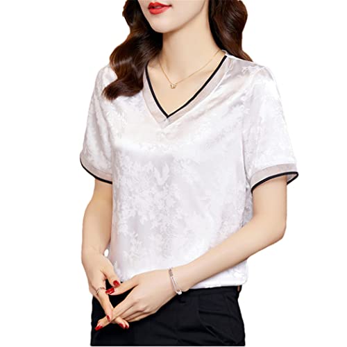 T-shirt satin col v femme manches courtes jacquard imprimé