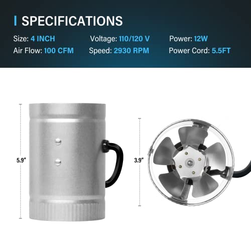Ipower 4 Inch 100 Cfm Booster Fan Inline Duct Vent Blower With Variable Speed Controller Adjuster, Intake 5.5' Grounded Power Cord For Hvac Exhaust, Low Noise, Silver #TOP1