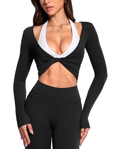 INGIA Womens Long Sleeve Knot Top Twist Front Cropped Activewear Ribbed Shirt Ballet Pilates Yoga Versatile Gym Top Black Medium