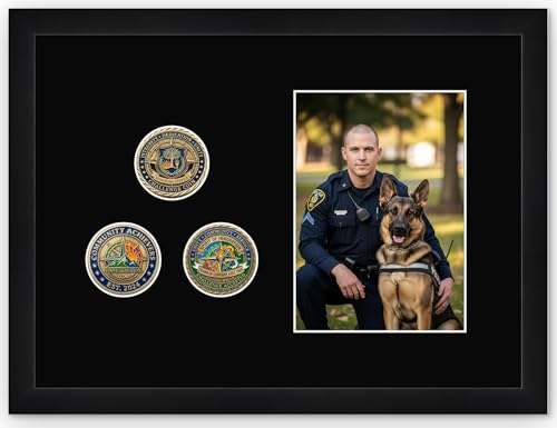 3 Coin Picture Frame With 5x7 Photo - Black Wood Challenge Coin Shadow Box - Black Mat - Made in the USA