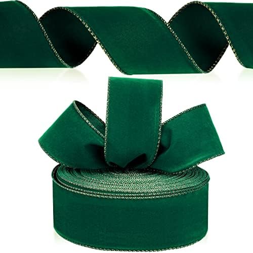 Yungyan Christmas Velvet Ribbon Velvet Wired Ribbons with Gold Edge Wired Ribbon Wrapping Velvet Decoration Ribbon for Xmas Wreath Bow Christmas Crafts Decoration (Green, 2.5 Inch x 60 Yards)