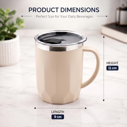 Image of MAGIC SPOON Stainless Steel Travel Coffee Mug with Sipper Lid & Handle, Insulated Tea Cup, BPA-Free Double Wall Tumbler for Hot-Cold Beverages, Office, Home, Car- PISTA-BEIGE, (Combo Pack (400ml X 2))