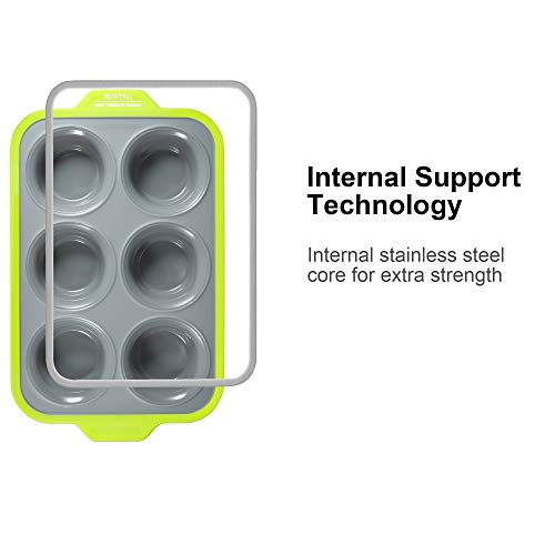 Jxwing 6 Cups Non-Stick Silicone Cupcake Baking Pan With Ergonomics Grips, Premium Stainless Steel Core Muffin Pan, Green #TOP2