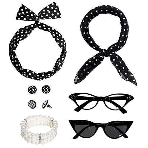 HOVEOX 7 Pack 50s Accessories Set for Women 1950s Women Costume Accessories Scarf Glasses Headband Earrings for 50s Party Accessories Black