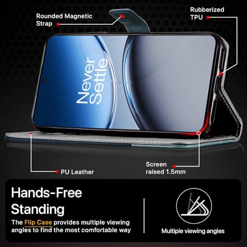 Image of FLIPPED Vegan Leather Flip Case Back Cover for 1+ OnePlus Nord 4 5G (Flexible, Shock Proof | Hand Stitched Leather Finish | Card Pockets Wallet & Stand | Blue with Aquamarine)