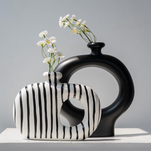 Relexome Donut Vases Set of 2,Black & White Striped Hollow Ceramic Flower Vases,Modern Nordic Minimalist Round Decorative Vase for Pampas Grass,Dried Flowers,Living Room,Table Centerpiece & 