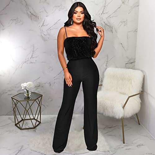 Kaimimei Jumpsuit For Women Elegant Sequins Camisole And Wide Leg Pants Sparkle Casual Summer Party Rompers Black Xl #TOP4