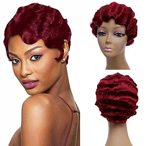 Dai Cloud Red Finger Wave Wigs Short Curly Synthetic Hair for Women 1920s Cosplay Costume Halloween Party Daily Wear (Wine Red)