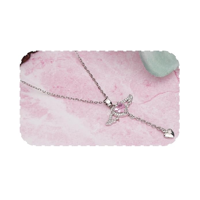 Angel Wing Heart Pendant Necklace with Pink Stone, Fashion Jewellery for Women| Silver Chain Pendant For Girls Angle Crystal Heart Silver Chain Necklace Pendant For Women Girls Love Gifts-image-36