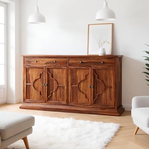 Image of SHIKHA WOOD CRAFT Solid Sheesham Wood Sideboard Cabinet with 4 Doors and 2 Drawers Storage | Wooden Kitchen Cabinet, Crockery Unit, Dining Room Organizer, Living Room Storage Furniture (Honey Finish)