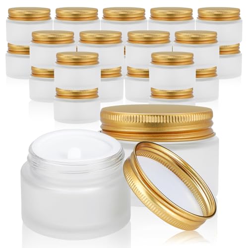 24 pack Small Clear Frosted Glass Cosmetic jars with Golden Metal Lids 2oz Bulk for Sample Lotion Cream Travel Jar Cosmetic Container