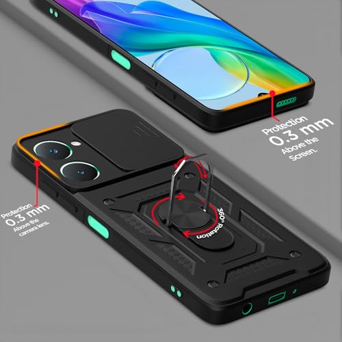 Image of Pikkme D10 Tough Armor Bumper Case | 360 Protection Case | Sliding Camera Shield Cover & Ring Holder Stand Back Cover for iQOO Z9 Lite 5G / Vivo T3 Lite 5G / Vivo Y18 / Y18e / Y03 (Black)
