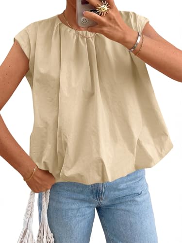 Image of Cicy Bell Womens Summer Cap Sleeve Blouses Casual Pleated Open Back Crew Neck Bubble Tank Tops Bow Tie Cotton Shirts, Light Khaki, L