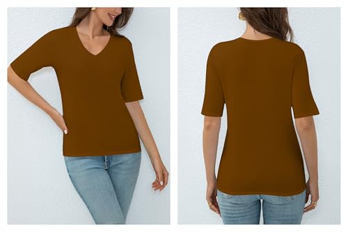 AirMood T-Shirt d'été décontracté à Manches mi-Longues et col en V pour Femme, Kaki, L – vue 5