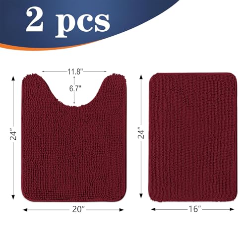 Image of OLANLY Bathroom Rugs Sets 2 Piece, Soft Absorbent Chenille Bath Mats and U-Shaped Contour Toilet Mat Area Rug Set, Machine Washable Bath Carpet, Home Decor Accessories(24 inchx16 inch+24 inchx20 inch, Burgundy)