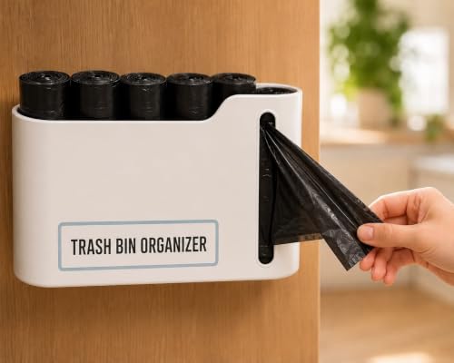 OSLEN Garbage Bag Holder & Dispenser, Punch-Free Wall Mounted Trash Bag Storage Box, No-Drill Self-Adhesive Plastic Waste Bag Organizer for Kitchen, Bathroom & Office, White