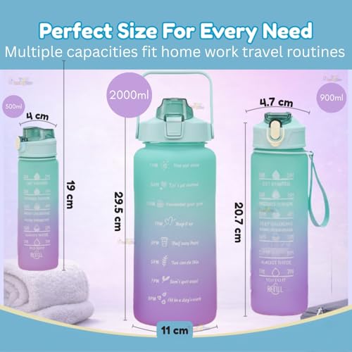 Image of Toy Imagine Plastic Motivational Water Bottle Set of 3 Bottles(2L+900ml+300ml)with Time & Capacity Marker Leakproof BPA-Free Bottles with Straw, Sipper Cap & Sticker for Gym, Office & Daily Hydration