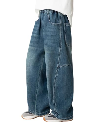 Boys' Jeans Baggy Straight Leg Elastic Waist Loose Denim Pants Boys Pull On Jeans with Pockets 6-14 Years
