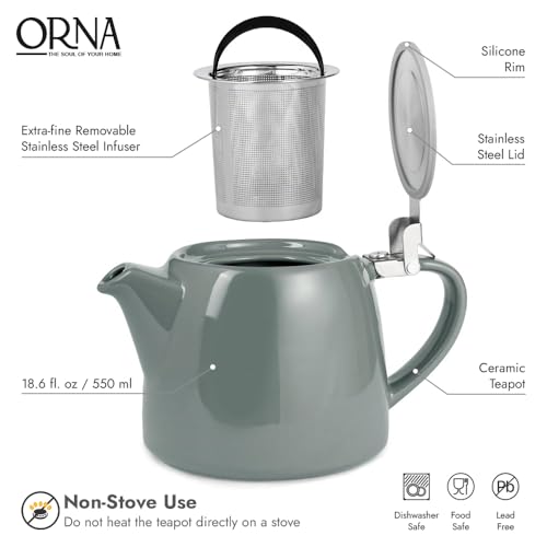 ORNA Ceramic Teapot with Tea Infuser – Small Tea Pot for Loose Leaf Tea – 550ml / 18.6 Oz Porcelain Non-Stove Teapot for 2 Cups with Tea Strainer (Grey) - Image 4