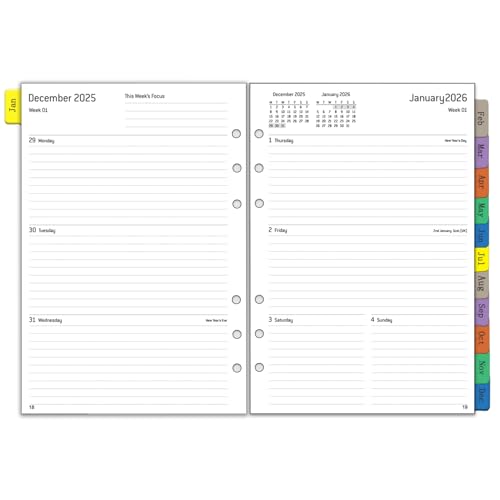 Recambio Agenda 2026 Semana Vista A5, 6 Anillas, Planner Anual con Separadores de 12 Meses, Hojas de Contraseñas Notas Contacto, Enero a Diciembre, 6 Agujeros, Papel Grueso, 100 gr