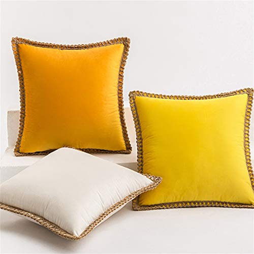 Aqothes Pack Of 2 Velvet Decorative Farmhouse Burlap Trimmed Tailored Edges Decor Pillow Cover Cushion Throw Pillows For Couch Sofa, 18 X 18 Inch, Beige #TOP2