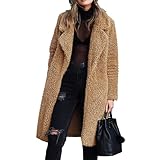 Women's Fleece Lapel Long Cardigan Coat Fall Winter Warm Faux Fur Open Front Jackets Casual Outerwear Sweaters (Khaki,Medium)