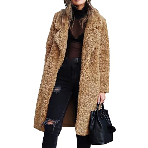 Women's Fleece Lapel Long Cardigan Coat Fall Winter Warm Faux Fur Open Front Jackets Casual Outerwear Sweaters (Khaki,Medium)